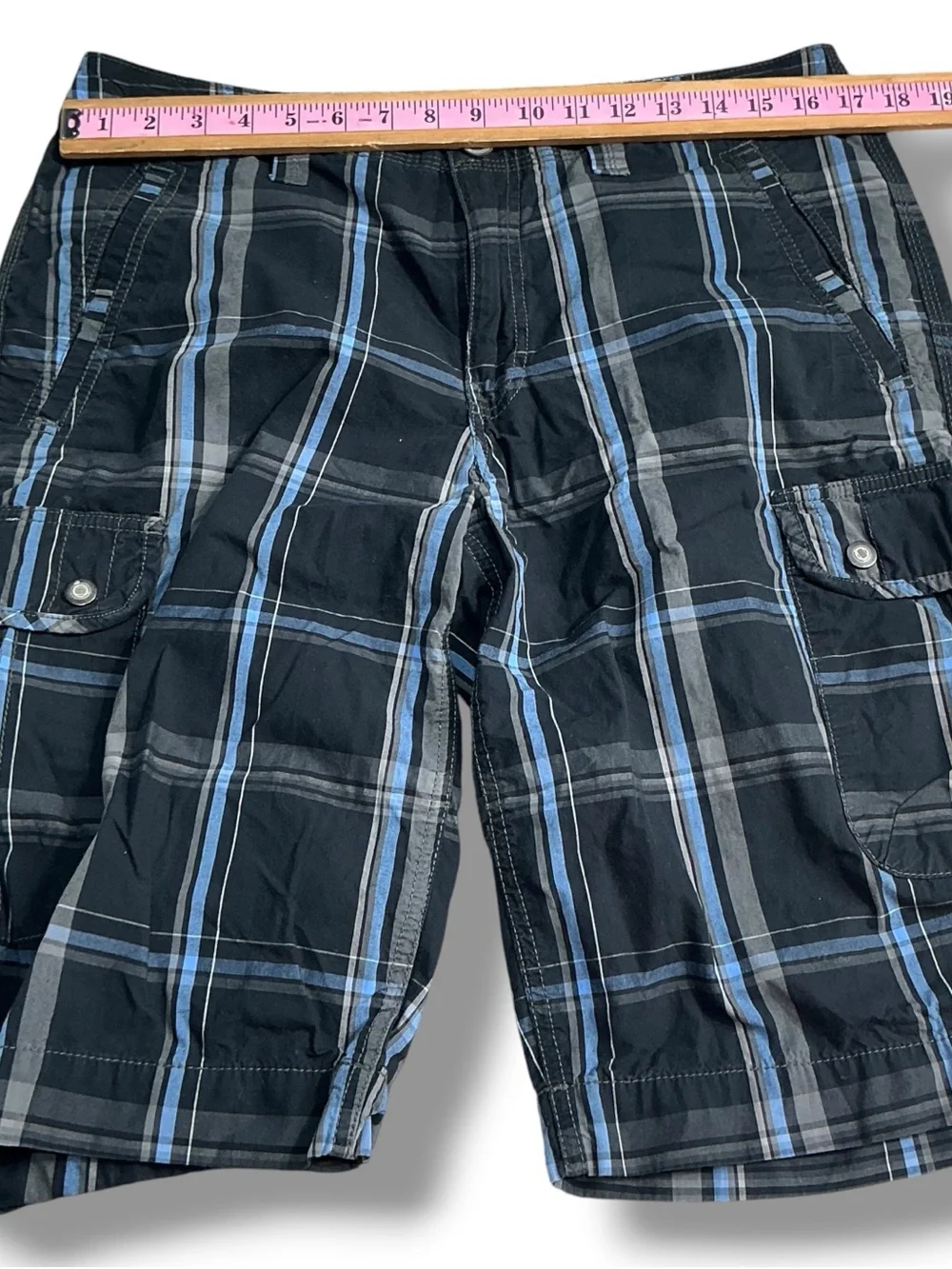 INC International Concepts Black and Blue Plaid Cargo Shorts